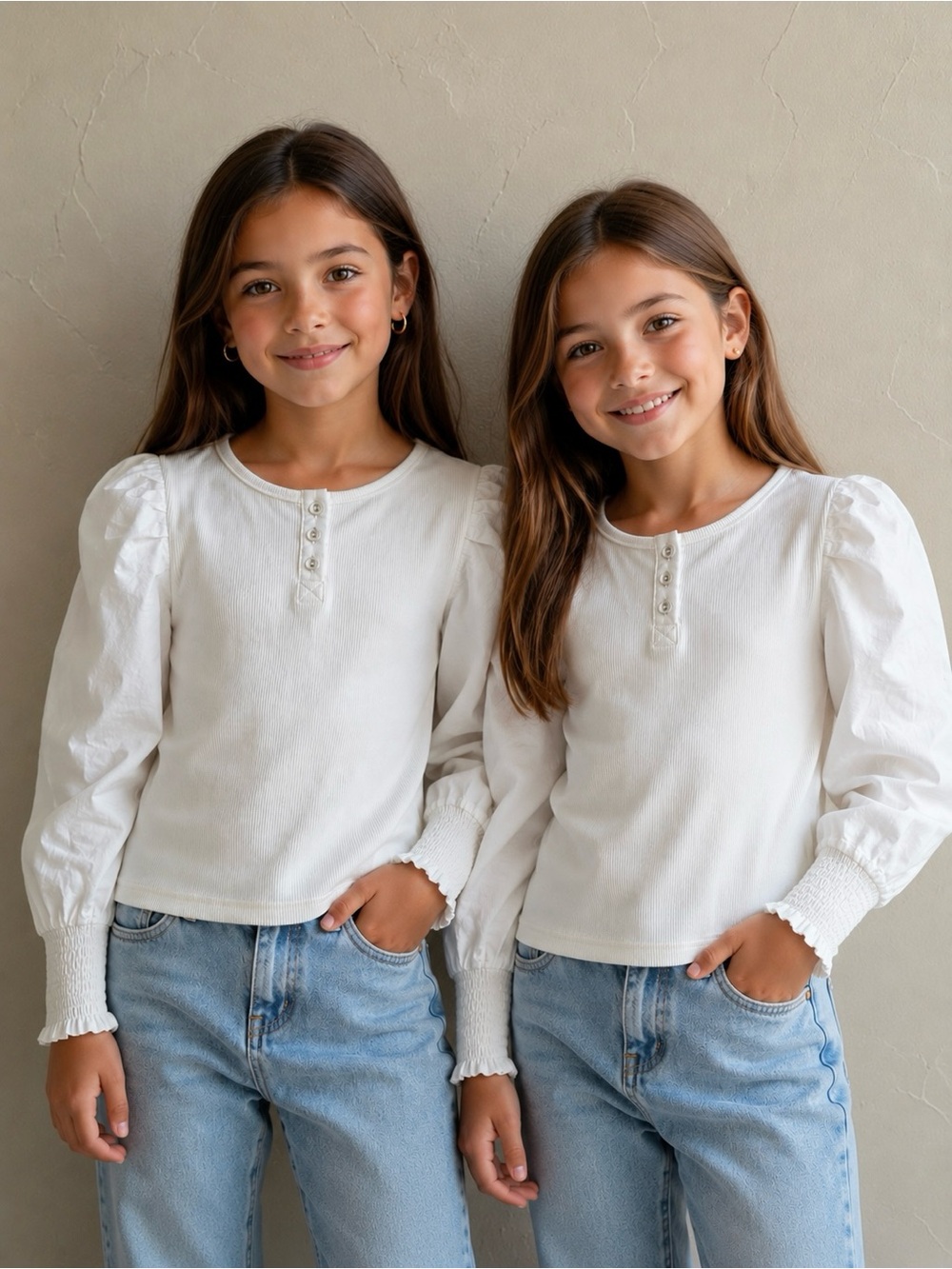 2 pcs Girls' White Puff-Sleeve Henley Top - Comfort Fit Size 140